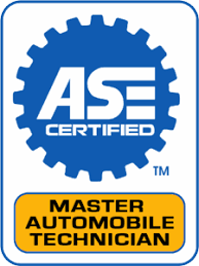 Blue gear-shaped ASE Certified logo above a yellow rectangle with black text reading Master Automobile Technician on a white background.